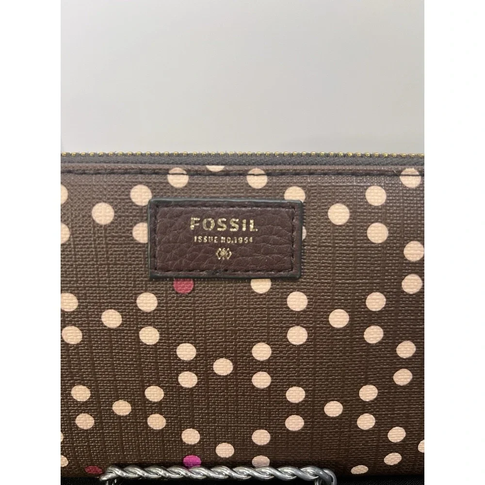 Fossil Sydney Clutch Wallet Brown Pink Polka Dot Coated Canvas Organizer A467